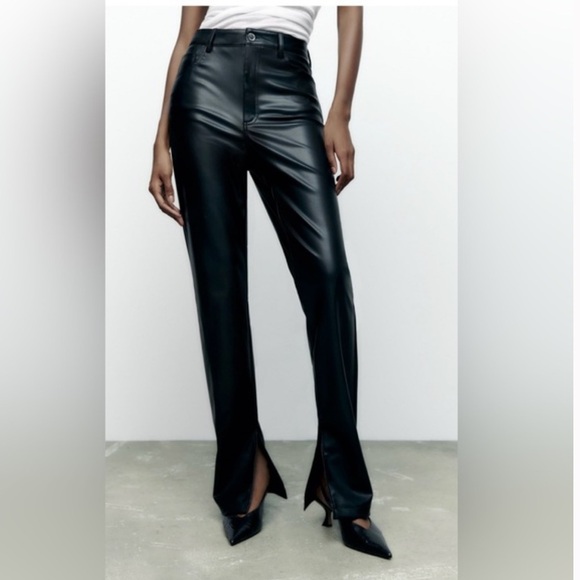 ZARA FAUX LEATHER HIGH WAISTED FLARED SLIT SLIM FIT PANTS Size 04 - Picture 1 of 5